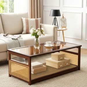 Table Basse Salon &agrave; 2 Niveaux TOPESCT  &Eacute;tag&egrave;re en Rotin PE Plateau en Verre Tremp&eacute;  Couleur bois de noyer 1085x 53 x42 cm