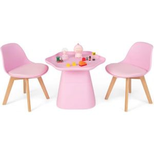 GOPLUS Table Enfant 3-8 Ans avec 2 Chaises-Plateau Concave-Si&egrave;ge Rembourr&eacute;-Pieds en Bois Massif Charge 50+50KG Rose