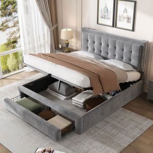 Lit double 140x190cm Lit coffre 2 personnes avec tête de lit 2 tiroirs supports de lattes en bois velours gris