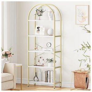 Bibliothèque Haute - PROMIRACAL - MDF & Métal Doré - 180x60x28cm - 5 Niveaux - Design Marbre Blanc - Pieds Réglables