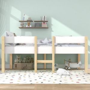 Lit enfant mi hauteur 90x190cm en bois de pin massif Lit simple structure en pin Sommier inclus Blanc et Chêne