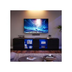 Meuble TV 160 x 40 x 52 cm pour TV jusqu&agrave; 65 - 2 tiroirs 1 porte MDF & verre tremp&eacute; LED noir laqu&eacute;