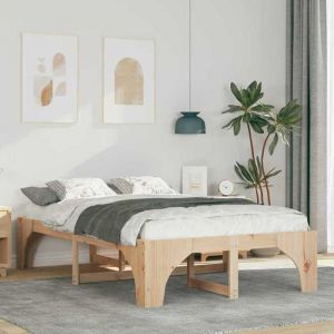Cadre de lit sur&eacute;lev&eacute; Double - sans matelas - sommier au sol Marron 140x190 cm - bois massif en pin - 197x147x40 cm 6558097