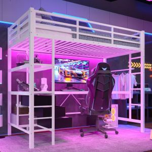 Lit Mezzanine Enfant 90x200cm avec Barri&egrave;Res et Escalier Lit Simple LED Lit Enfant Superpose avec Bureau et 3 Tiroirs  Blanc