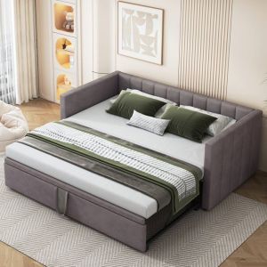Canap&eacute;-lit escamotable - Luonians - 90x 200 cm lit simple avec sommier &agrave; lattes - matelas non inclus - tissu velours - Gris