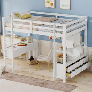 Lit mezzanine enfants 140 x 200cm avec tiroirs de rangement, lit superpose 2 places avec bureau sous le lit, blanc