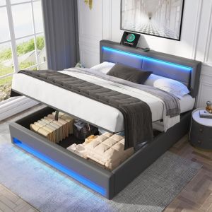 Lit double rembourré 140x190cm Lit coffre Lit adulte capitonné en PU avec éclairage LED ports USB et charge sans fil - gris