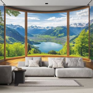 Papier Peint Panoramique À LExtérieur La Fenêtre La Nature 350×256cm papier panoramique mural poster geant Mural 3D Lacs