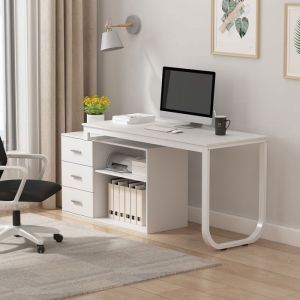 Bureau avec Rangement Pivotant et Extensible Tiroirs et Compartiments Bureau d&rsquo;Angle avec Aspect du Bois 140x105x75 Blanc