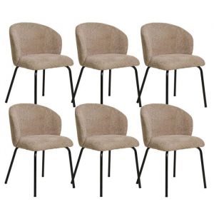 DALIDA - Lot de 6 Chaises Incurv&eacute;es Tissu Boucl&eacute; Beige Pieds M&eacute;tal Noir