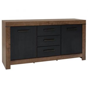 Commode Buffet &agrave; 2 portes et 3 tiroirs coloris Ch&ecirc;ne marron fonc&eacute;/Ch&ecirc;ne noir - Longueur 160 x Profondeur 45 x Hauteur 85 cm