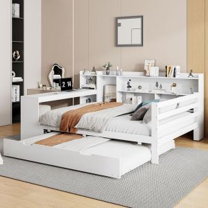 Lit combine 140x200 cm avec Lit gigogne bureau &eacute;tag&egrave;res compartiments de rangement et &eacute;tag&egrave;res avec prises Blanc