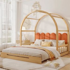 DRIPEX Lit de pavillon vo&ucirc;t&eacute; extensiblelit coulissantlit enfant avec coussin en veloursnaturel et orange (140x100cm/140x200cm)