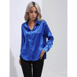Chemisier Femme Satin Soie Col En V Manches Longues Casual Chemise Elegant Regular Fit Couleur Unie - Taille EU - Bleu Roi