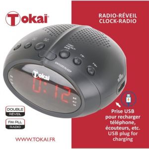 RADIO-RÉVEIL NOIRE AVEC PRISE USB POUR RECHARGE DE TÉLÉPHONE - TOKAï