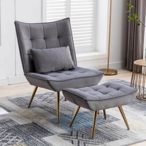 Wahson Fauteuil Scandinave en Velours Fauteuil Salon avec Repose-Pieds Fauteuil Relaxation Rembourés pour Salon ou ChambreGris
