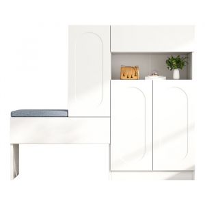 Armoire &agrave; chaussures 2 en 1 avec portes incurv&eacute;es compartiments r&eacute;glables en hauteur et banc rembourr&eacute; 130 &times; 35 &times; 110 cm Blanc