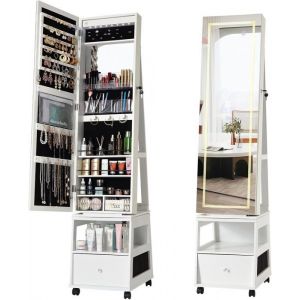Armoire à Bijoux avec grand miroir psyché étagères de rangement 38x46x167CM  (P x L x H) blanc