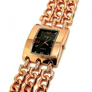 Montre Femme Bracelet Maillon 3 Chaines Carr&eacute; Noir Cuivr&eacute; Bijoux Luxe Rose Gold