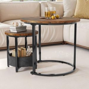 Lot de 2 Tables Basses Ronde BALCONERA - Style vintage plateau relevable - Rangement - Dia. 60 + 38 cm