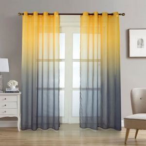 2pcs Rideaux Voilage Gris et Jaune Dégradée 132 x 240cm (L x H) - Voilage en Effet Lin avec Oeillets Diamètre 4cm