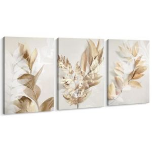 Impression sur toile avec fleurs blanches et feuilles dorées -Décoration murale moderne -Art mural moderne 30x40cm encadrées
