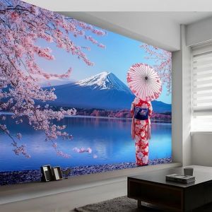 Papier Peint Panoramique Mural Salon Paysage Japonais Femme Fleurs De Cerisier 400x280cm D&eacute;coration Murale Poster Tableaux Muraux