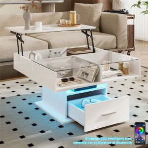 Table Basse Relevable Blanche Brillant avec LED et Plateau en Verre Coffee Table Moderne avec Rangement et Tiroir 78x78x455 cm