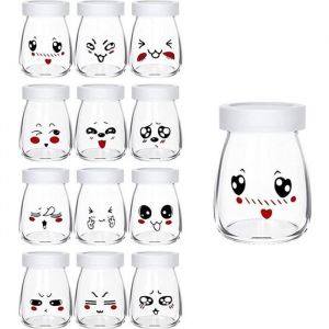 Pot de yaourt - ROCK - Lot de 12 - Verre &eacute;pais - Couvercles d&eacute;cor &eacute;motic&ocirc;ne - 100 ml