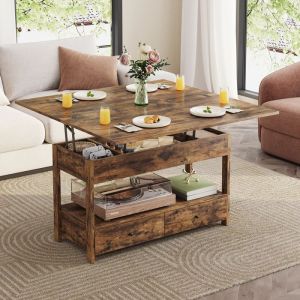 Table Basse HavenlyHome Table de Salon avec Plateau Relevable Pliant 2 Tiroirs Compartiment Cach&eacute; 50 x 100 x 52 &agrave; 68 cm Marron