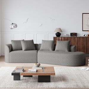 Canap&eacute; dangle moderne - 4 places - Si&egrave;ge extra profond - Gris clair - Chenille - Courb&eacute; - 4 coussins d&eacute;coratifs