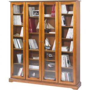 Biblioth&egrave;que - Louis Philippe - 4 Portes Vitr&eacute;es - Merisier - 18 Niches - 158.8 cm x 182.2 cm