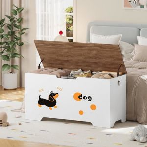 HOOBRO Coffre &agrave; Jouets avec Motif Chien Coffre Rangement avec 2 Charni&egrave;res de S&eacute;curit&eacute; Banc Rangement Banc &agrave; Chaussures
