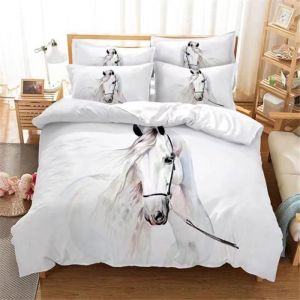 Housse de Couette Cheval 220x240cm Parure de lit 2 Personne Animaux Cheval Blanc Housse de Couette avec 2 Taies doreiller 50x75cm