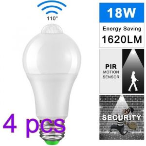Ampoule Detecteur de Mouvement18W E27 Ampoule LED Capteur PIR Infrarouge Auto On/Off Eclairage pour Escalier Garage. (4 PACK)