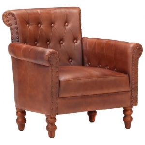 Fauteuil - DUOKON - Marron - Cuir de ch&egrave;vre v&eacute;ritable - Bois de manguier massif - Vintage