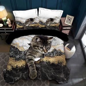 Housse De Couette 200x200 ChatEnsemble Deparure De Lit en Chat Douces Et ConfortablesHousse De Couette +2 Taies doreiller