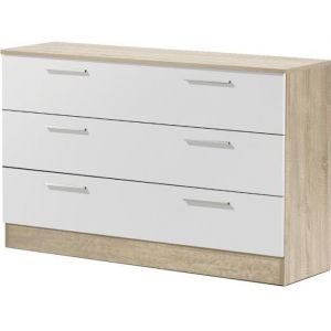 Commode meuble de rangement PARIS de 3 tiroirs coloris Chêne Cambrian - Blanc - longueur 100 x profondeur 35 x hauteur 69 cm