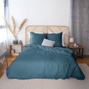 Parure de lit 260x240 cm coton lin lavé LINO bleu marine 3 pièces