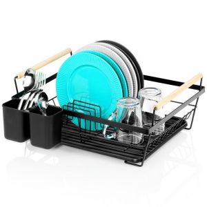 VILDE &Eacute;gouttoir &agrave; Vaisselle 45x33x18 cm - M&eacute;tal inoxydable noir - Poign&eacute;es en bois - Grande capacit&eacute;