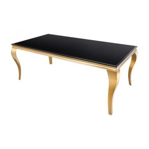 Table de salle &agrave; manger VELENA 180 cm &ndash; Plateau en verre noir et structure en acier dor&eacute; &ndash; &Eacute;l&eacute;gance baroque et design moderne