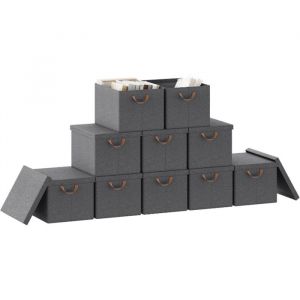 WOLTU Bo&icirc;te de Rangement avec Couvercle Lot de 10 Caisse Rangement Pliable en Tissu non Tiss&eacute; avec Poign&eacute;e 48x36x30cm Gris