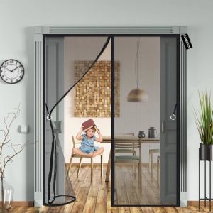 Moustiquaire Porte Coulissante 240x210cm - Auto-Ferm/Sans Perçage (Noir/Multi-Pièces)