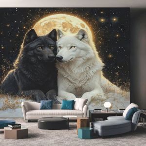 Papier Peint Panoramique 350x256cm Revêtement Mural pour Cuisine Loup Lune Motif Mur Papier Peint Animal Noir et Blanc Décoration