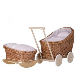 Landau-poussette et berceau en osier pour poupée - Bel ensemble Rose - Marron - Pour enfant à partir de 3 ans