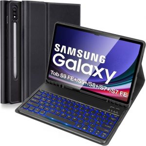 &Eacute;tui clavier r&eacute;tro&eacute;clair&eacute; pour Samsung Galaxy Tab S9 FE+/S9 Plus/S8 Plus/S7 FE/S7 Plus 124 clavier britannique noir