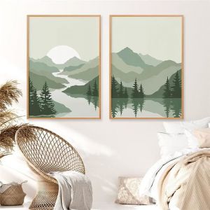 Paysage Toile tableau Peinture Sauge Vert Affiche Imprimer Abstrait Montagnes Murale Art Tableaux Salon Decoration 50x70cmx2