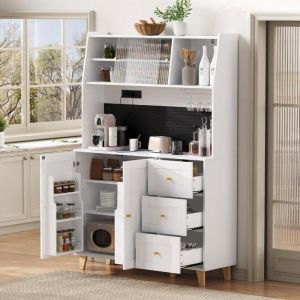 Buffet Cuisine Haut 120x40x184cm Meuble de Rangement Buffet Salle a Manger Prise Tiroirs &Eacute;tag&egrave;res R&eacute;glables Blanc