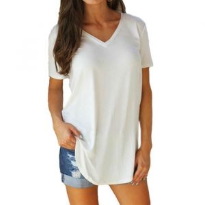 T-shirt femme col V grande taille à demi-manches coton - Blanc - LEOCLOTHO