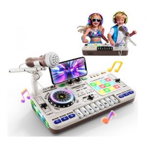 DJ Mixer Controller Table de mixage DJ pour enfants de 3-10 ans Avec Micro 100+ Effets Sonores Jouet musical Lumi&egrave;res - Blanc